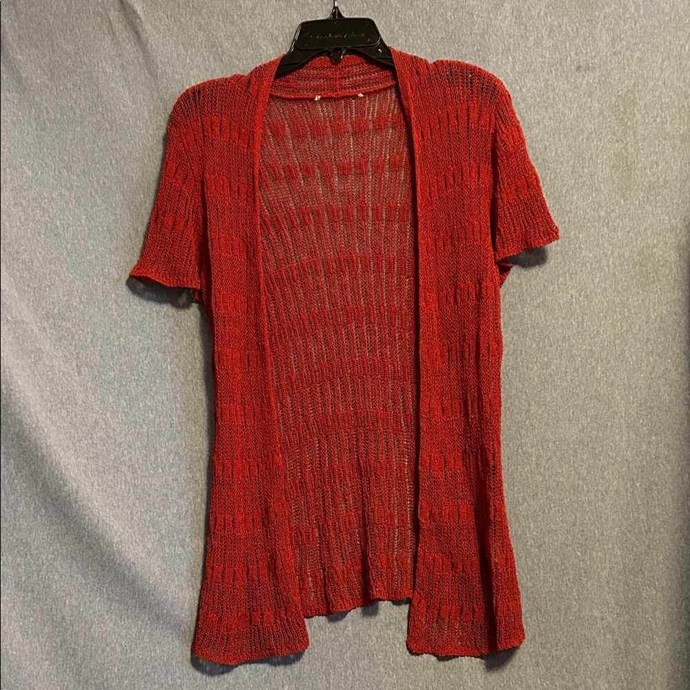 Lightweight Open-Front Short Sleeve Sweater Cardigan - Red